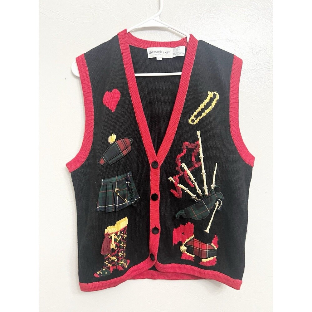 Vintage The Eagle's Eye Large Sweater Vest Red Irish Scotland Bagpipes Dog Kilt
